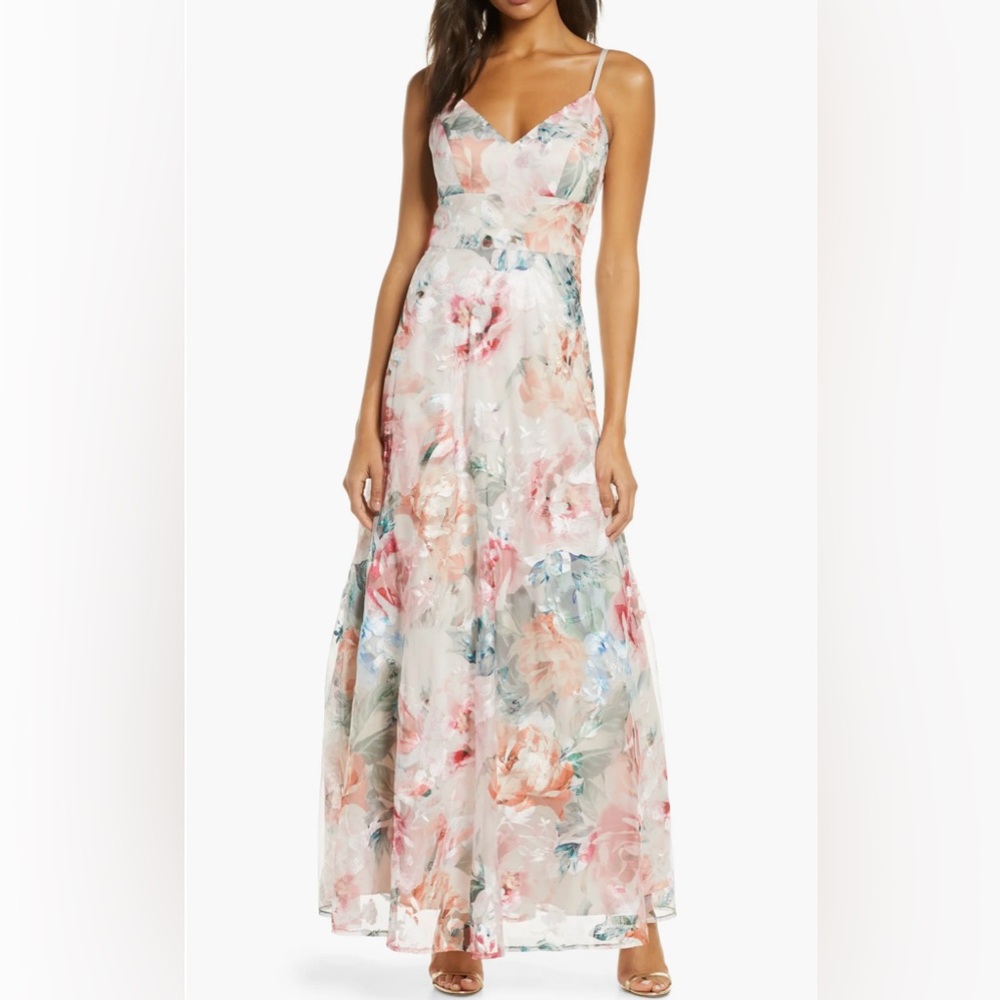 Eliza J floral Print Embroidered Mesh Gown Size 2 - Picture 1 of 11